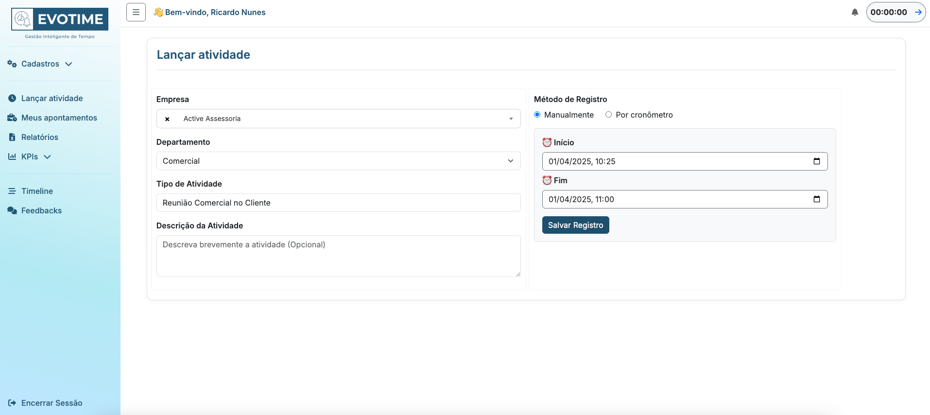 Lançar Atividade Evotime